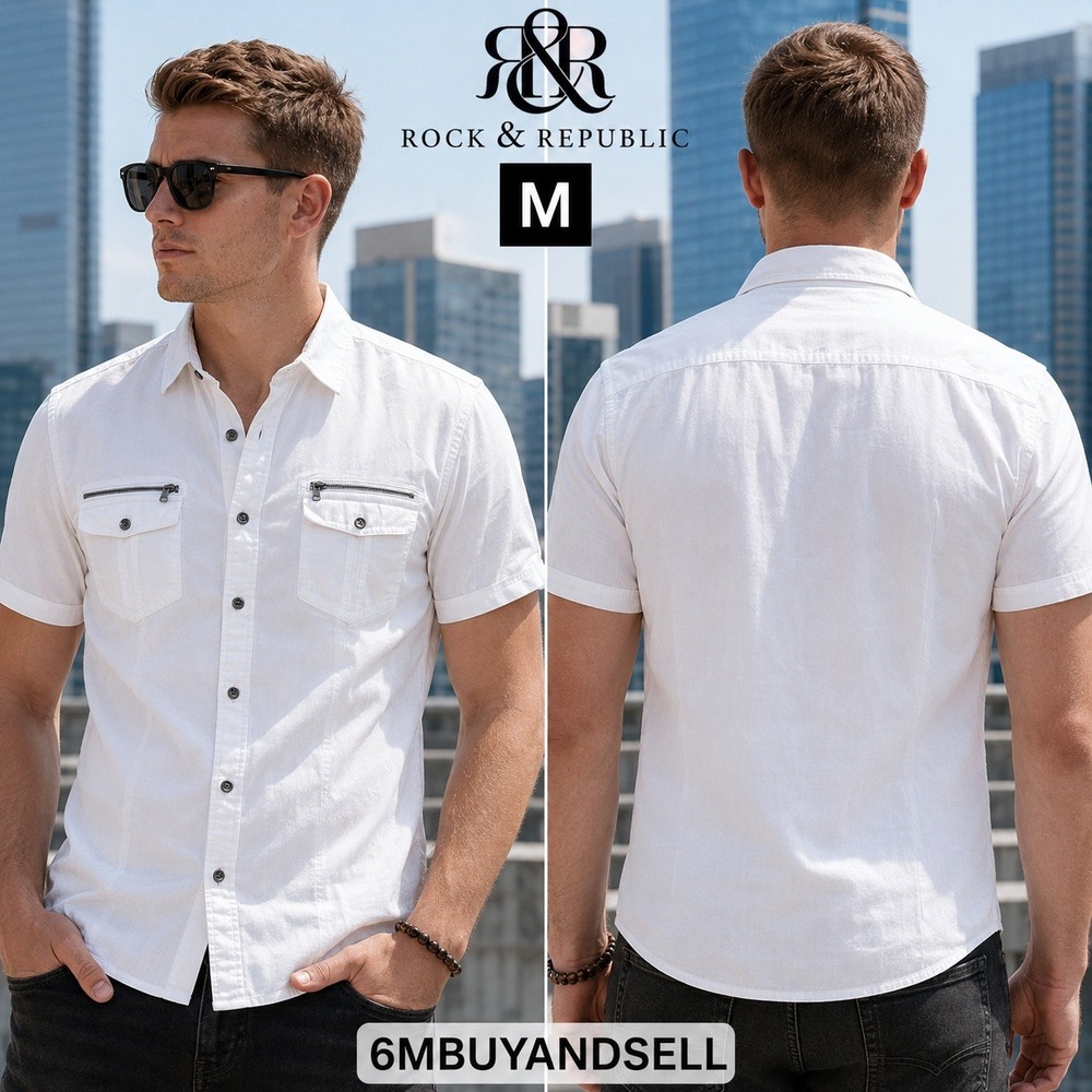 Rock & Republic Mens White Stretch Short Sleeve‎ Button Down Shirt Medium Zipper